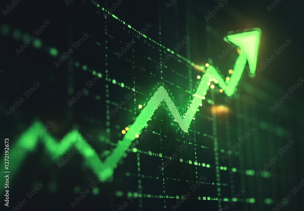 Poster a green arrow pointing upwards on an upward graph, indicating stock market growth or trends the back