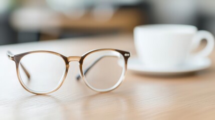 Eyeglasses and coffee on wooden table, cafe background
