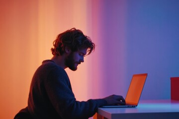 A bearded man in a sweater works on his laptop in a room with colorful lighting.