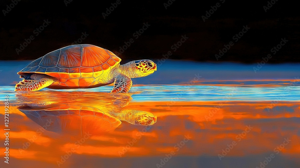 Poster turtle swimming with reflection