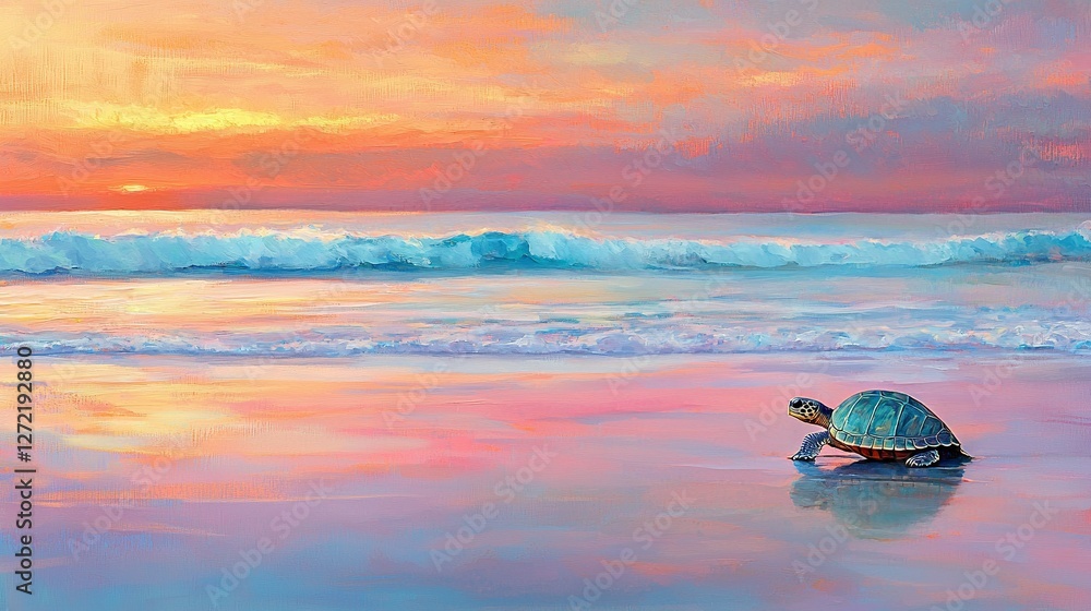 Poster a turtle on a beach during sunset with an incoming wave from the ocean in the background
