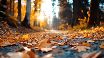 Sunlit forest pathway covered with autumn leaves, creating warm and serene atmosphere