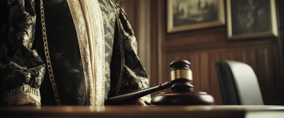 The close-up reveals intricate details of a judges robe alongside a polished gavel on a wooden desk, highlighting the solemnity of the courtroom environment