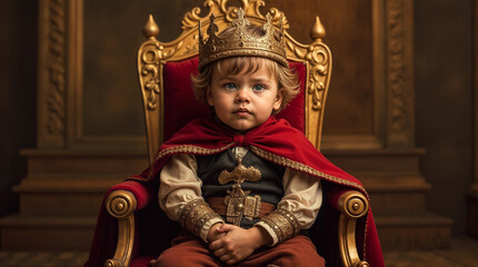 Obraz premium small one year old child with a golden crown on his head in royal clothes with a red royal cloak sits on a golden throne, cinematic light 