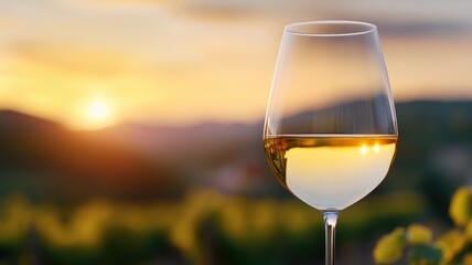 Glass of white wine against beautiful sunset in vineyard