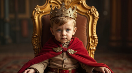 Obraz premium small one year old child with a golden crown on his head in royal clothes with a red royal cloak sits on a golden throne, cinematic light 