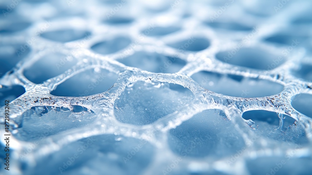 Poster close-up of ice crystal structures forming intricate patterns in cool blue light
