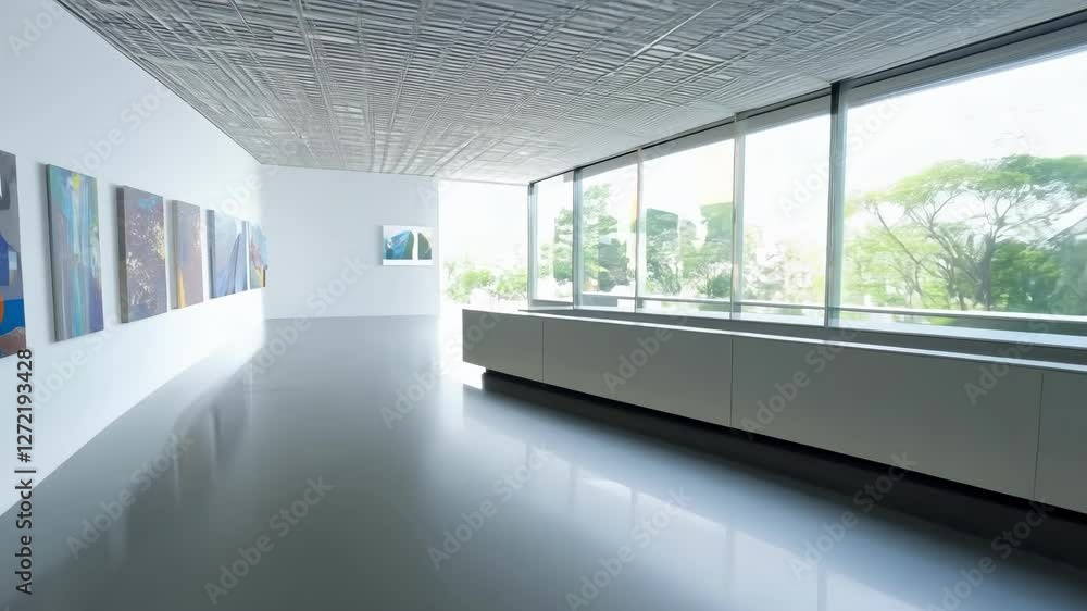 Poster light floods a contemporary gallery showcasing a modern art piece. the open space features elegant l
