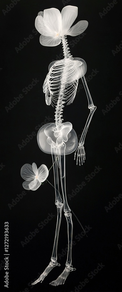 Poster a skeleton with a flower on its head standing in front of a black background with a white flower on 