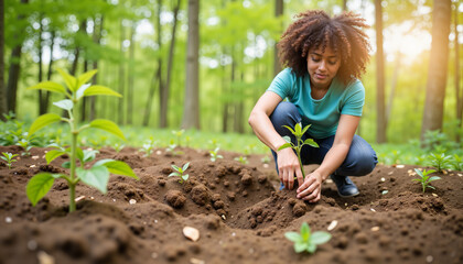 Women activists planting trees in green forest, promoting sustainability