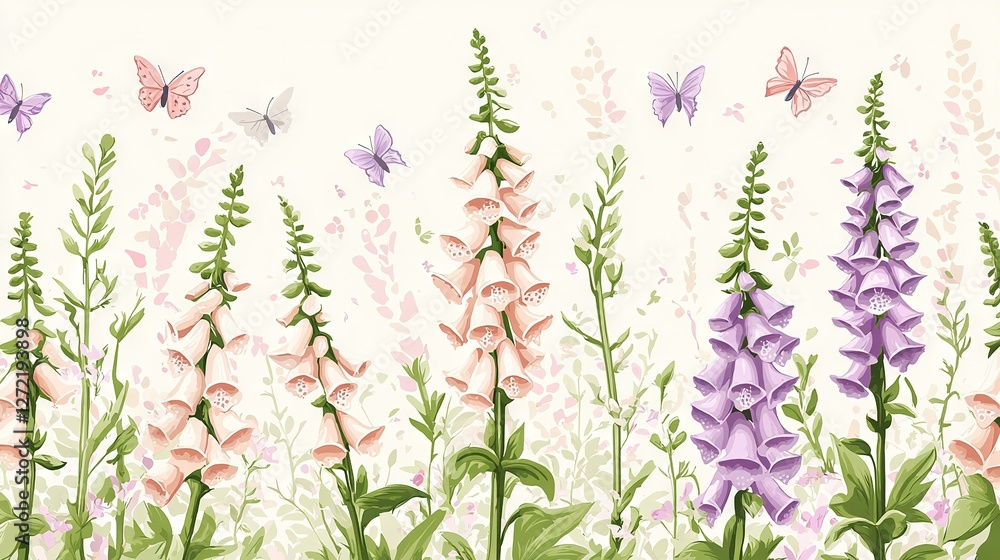 Poster a field of colorful flowers hosts butterflies in flight above and beneath the hues at the base are p