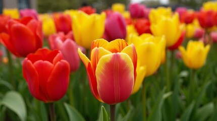 Fototapeta premium A close-up view of a flower bed bursting with tulips in shades of red, yellow, and pink, surrounded by lush green foliage