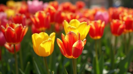 A close-up view of a flower bed bursting with tulips in shades of red, yellow, and pink, surrounded by lush green foliage
