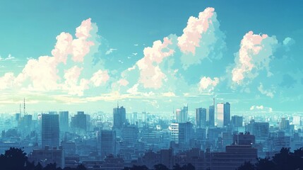 Fototapeta premium Flat-style cityscape featuring clouds in the sky. 