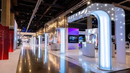 Modern exhibition hall with vibrant lighting and futuristic design