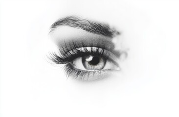 The image features a close-up view of a woman's eye, isolated on a white backdrop