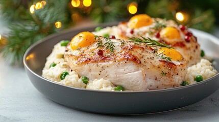 Roasted Chicken Breast with Poached Eggs and Creamy Mashed Potatoes