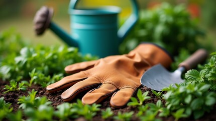A close-up of vibrant gardening gloves resting on a wooden table, surrounded by soil and small gardening tools