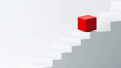 a white staircase with a single red cube on top, isolated over a light grey background