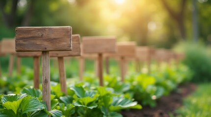 A row of wooden garden markers standing tall in a herb garden 