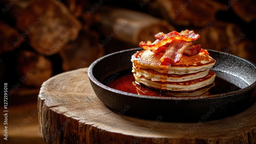 Poster stack of pancakes with bacon and syrup in skillet on wooden table