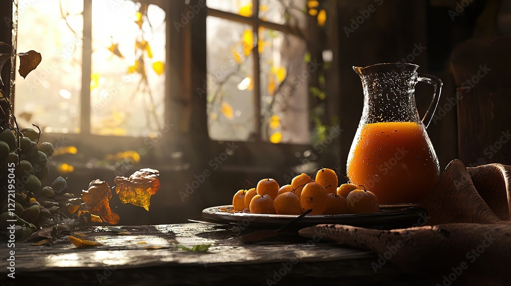 Poster a plate of oranges and an orange pitcher rest on a table near an open window