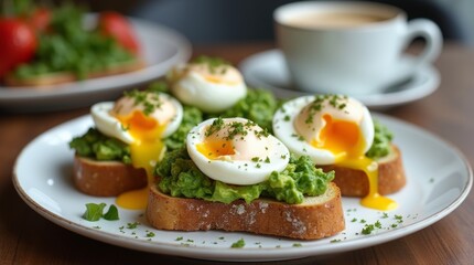 plate of avocado toast garnished with poached eggs and fresh herbs