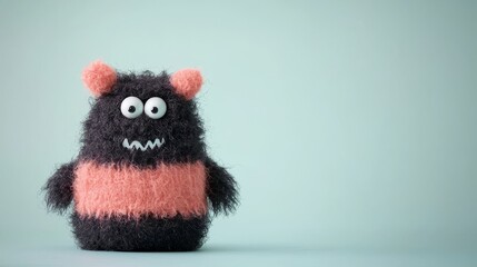 Fototapeta premium Cute Furry Monster Plush Toy with Googly Eyes and Pink Ears Against Mint Background