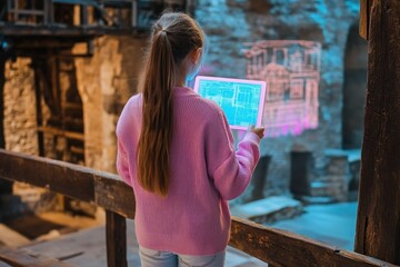 Girl exploring historical site using augmented reality on tablet, overlaying building plans onto the real ruins.