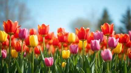 Obraz premium A vibrant flower bed filled with blooming tulips in various colors, set against a clear blue sky