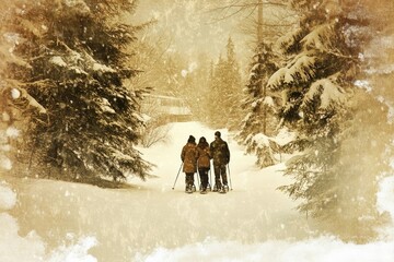 Naklejka premium Three snowshoers trek through a snowy forest path towards a distant cabin on a winter day.