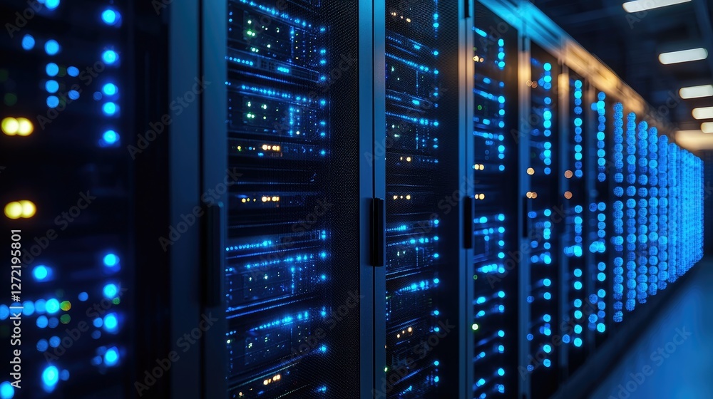 Fototapete Close-up of illuminated server racks in a high-tech data center, representing cloud computing, networking, and cybersecurity. Ideal for IT, security, and infrastructure themes