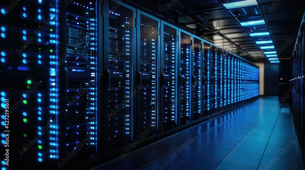 Fototapete Modern data center with rows of illuminated server racks, representing cloud computing, cybersecurity, and digital infrastructure. Ideal for IT, security, and networking concepts