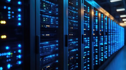 Close-up of illuminated server racks in a high-tech data center, representing cloud computing, networking, and cybersecurity. Ideal for IT, security, and infrastructure themes