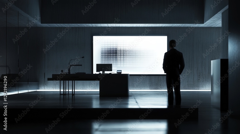 Poster businessman standing with back turned, contemplating a large screen filled with complex data pattern