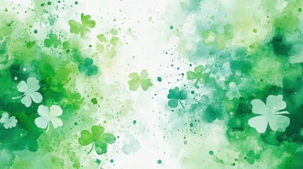 Fototapeta premium a vibrant watercolor illustration of shamrocks scattered across a lush green background. The artwork evokes the spirit of St. Patrick's Day with its charming, festive design.