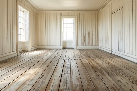 an empty room with white wooden wall and brown wooden floor