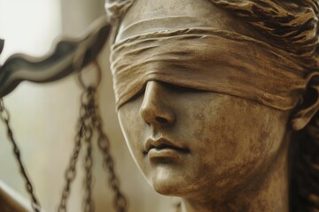 This close-up features the blindfolded Lady Justice, with her scales sharply in focus, symbolizing impartiality and the quest for justice. The serene expression captures the essence of fairness