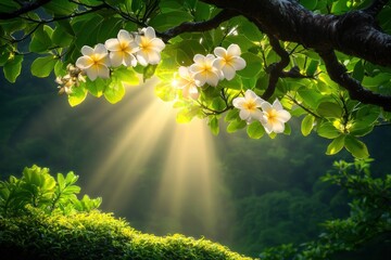 Obraz premium Sunlit Plumeria Blossoms Grace Lush Green Branches