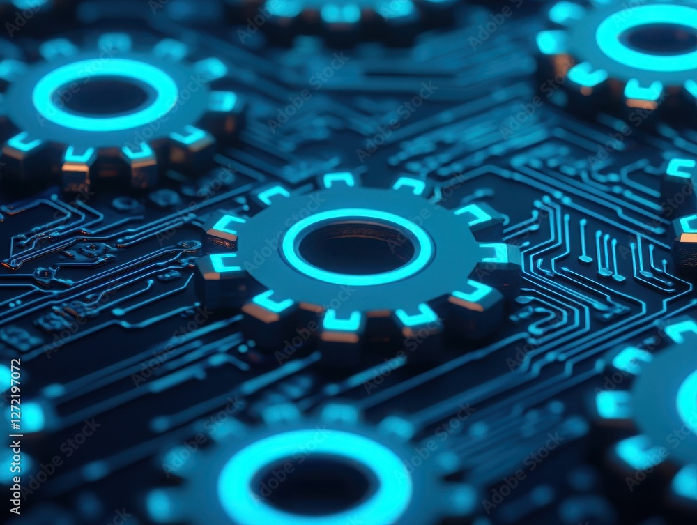 Poster futuristic gears embedded in a circuit board, showcasing the integration of mechanical engineering w