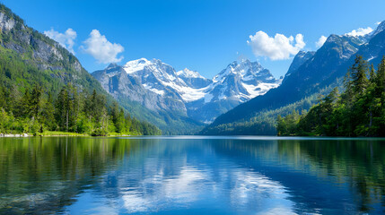 Fototapeta premium Serene alpine lake reflecting snow-capped peaks