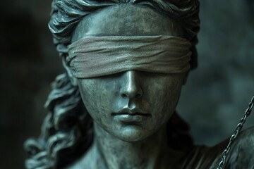 Focusing on a meticulously detailed close-up of the Lady Justice statue, emphasizing her blindfold and elegantly balanced scales, symbolizing impartiality and fairness