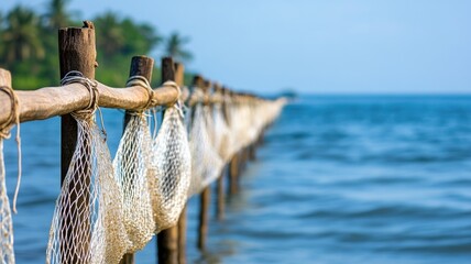Wooden posts with fishing nets along tropical coastline