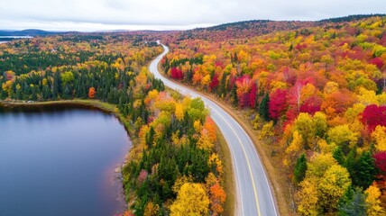 Obraz premium Winding road through vibrant autumn forest with lake on side