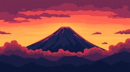 Stunning sunset view of a majestic volcano surrounded by colorful clouds and mountains, creating a captivating natural scene.