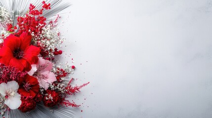 Red & pink flowers bouquet on grey background, copy space