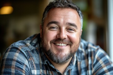 Fototapeta premium Smiling man with beard in plaid shirt sitting indoors during daytime