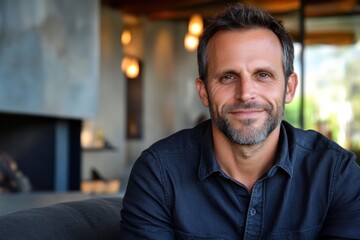 Obraz premium Man with beard smiles warmly in modern indoor setting during daytime