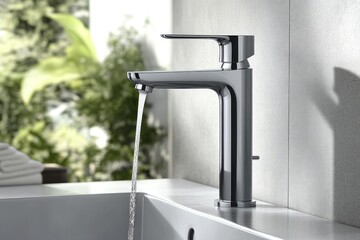 Modern faucet with flowing water in a contemporary bathroom setting surrounded by greenery