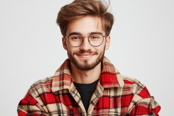 Young man smiling in a stylish checkered jacket against a light background